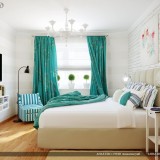 Decor modern de dormitor alb cu perdele turcoaz mate si cuvertura de pat asortata